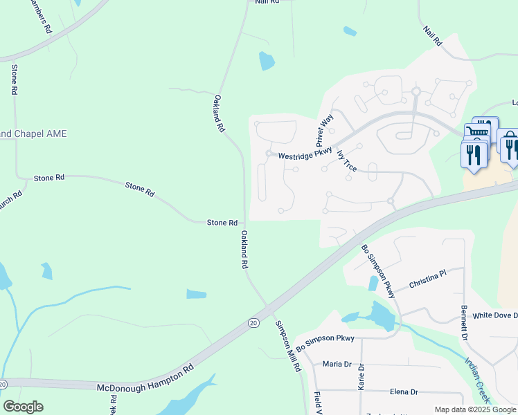 map of restaurants, bars, coffee shops, grocery stores, and more near 1740 Rising View Circle in McDonough
