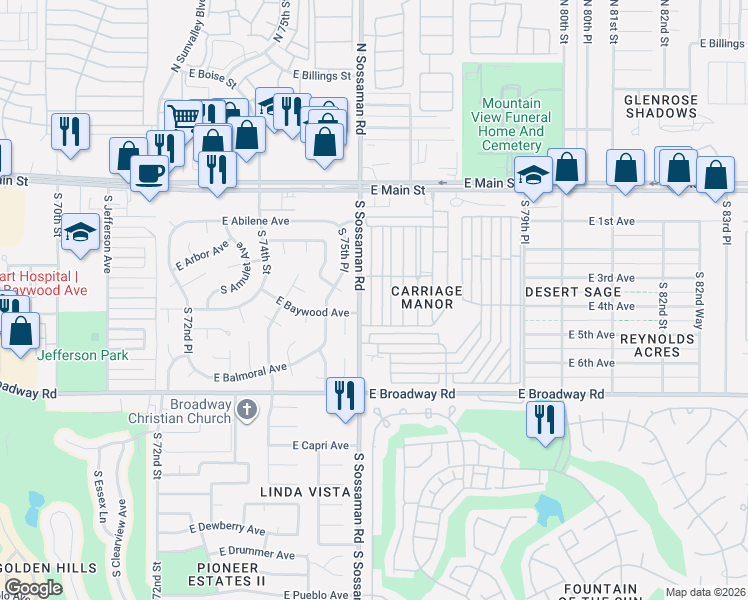 map of restaurants, bars, coffee shops, grocery stores, and more near 7558 East Baywood Avenue in Mesa