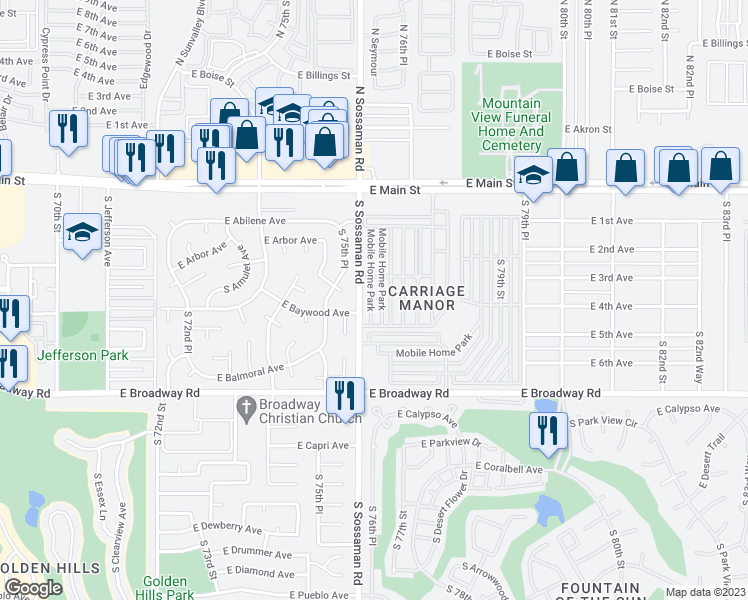 map of restaurants, bars, coffee shops, grocery stores, and more near 7807 East Main Street in Mesa
