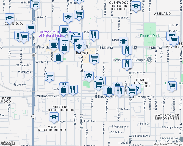 map of restaurants, bars, coffee shops, grocery stores, and more near 54 East 2nd Avenue in Mesa