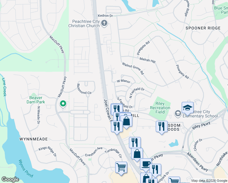 map of restaurants, bars, coffee shops, grocery stores, and more near 140 South Fairfield Drive in Peachtree City