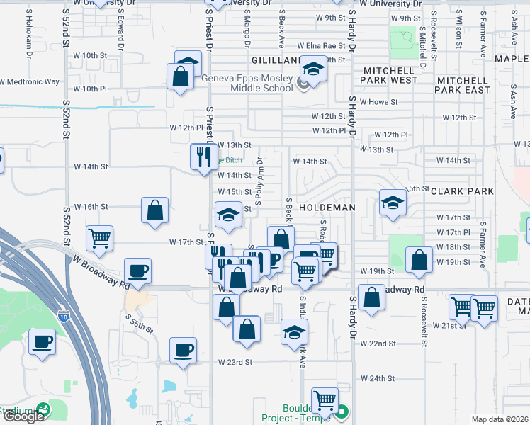 map of restaurants, bars, coffee shops, grocery stores, and more near 1118 West 17th Street in Tempe