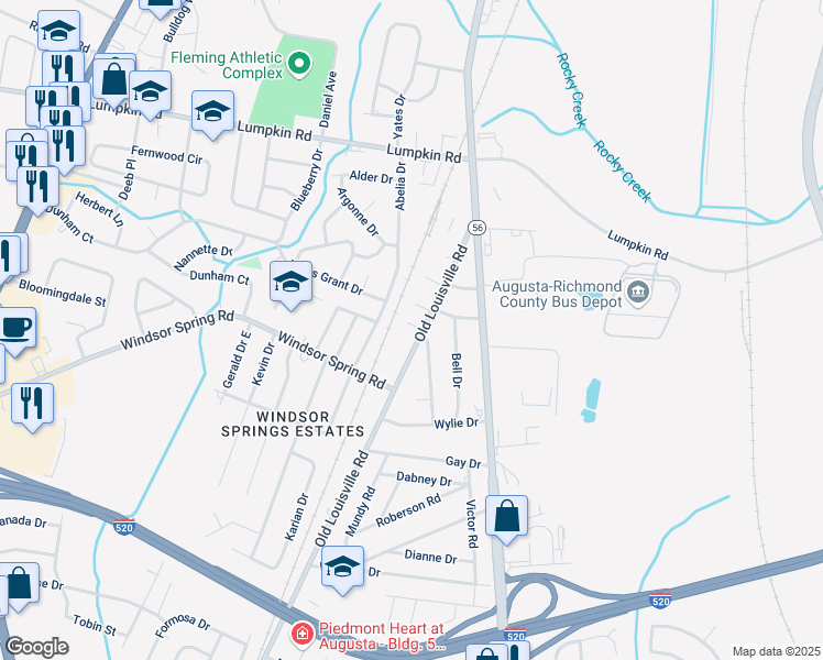 map of restaurants, bars, coffee shops, grocery stores, and more near 3101 Old Louisville Road in Augusta