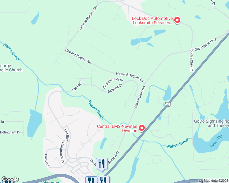 map of restaurants, bars, coffee shops, grocery stores, and more near 310 Baldwin Ct in Newnan