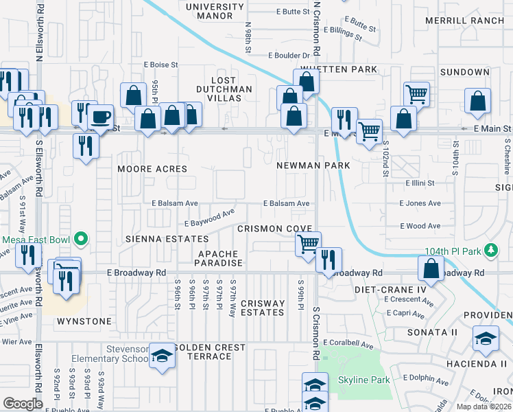 map of restaurants, bars, coffee shops, grocery stores, and more near 207 South 98th Street in Mesa