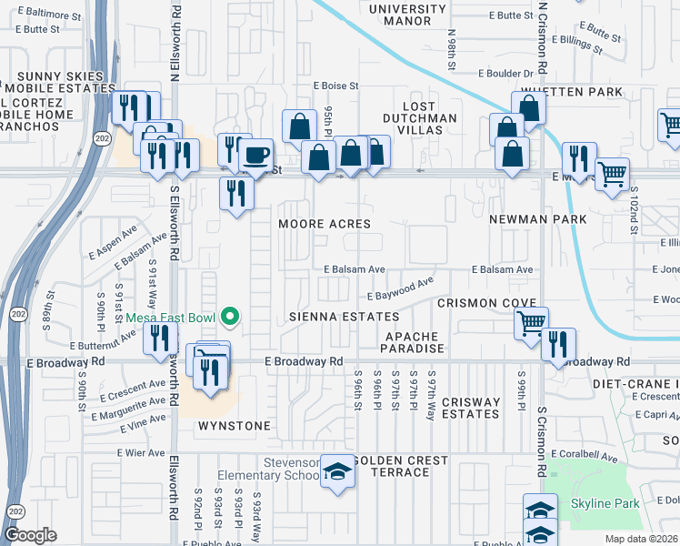 map of restaurants, bars, coffee shops, grocery stores, and more near 230 South Aaron in Mesa