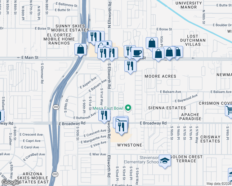 map of restaurants, bars, coffee shops, grocery stores, and more near 213 South 92nd Place in Mesa