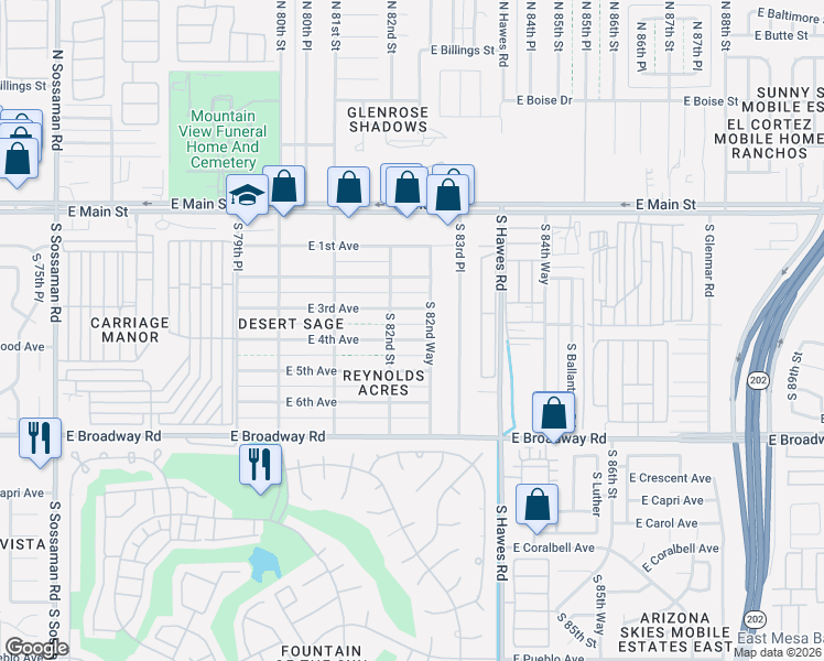 map of restaurants, bars, coffee shops, grocery stores, and more near 8200 East 4th Avenue in Mesa