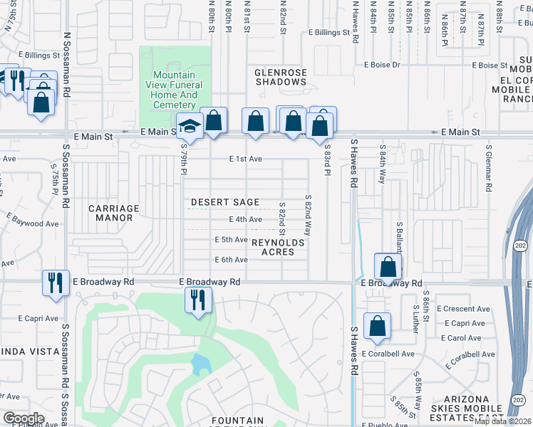 map of restaurants, bars, coffee shops, grocery stores, and more near 8119 East 4th Avenue in Mesa