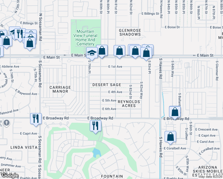 map of restaurants, bars, coffee shops, grocery stores, and more near 8035 East 4th Avenue in Mesa
