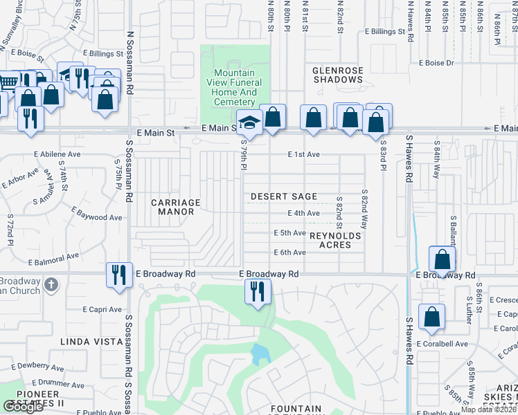 map of restaurants, bars, coffee shops, grocery stores, and more near 7918 East 4th Avenue in Mesa