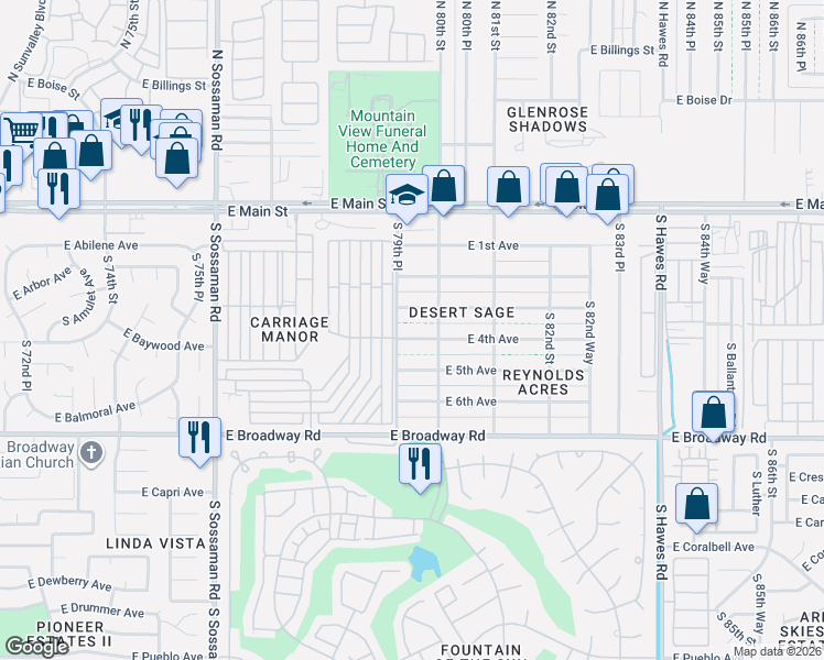 map of restaurants, bars, coffee shops, grocery stores, and more near 7918 East 4th Avenue in Mesa