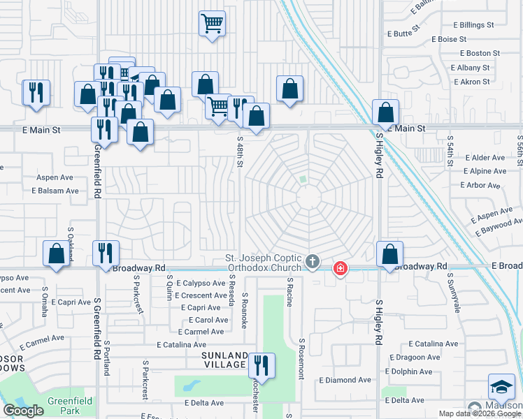 map of restaurants, bars, coffee shops, grocery stores, and more near 303 East Merlin Place in Mesa