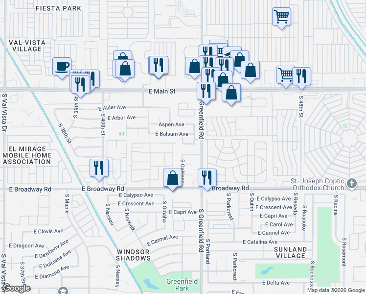 map of restaurants, bars, coffee shops, grocery stores, and more near 4314 East Bayberry Avenue in Mesa