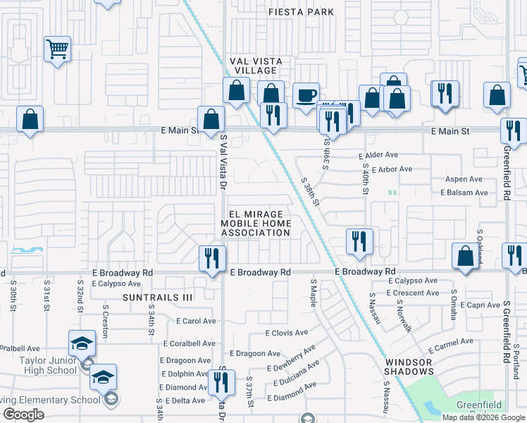 map of restaurants, bars, coffee shops, grocery stores, and more near 305 South Val Vista Drive in Mesa