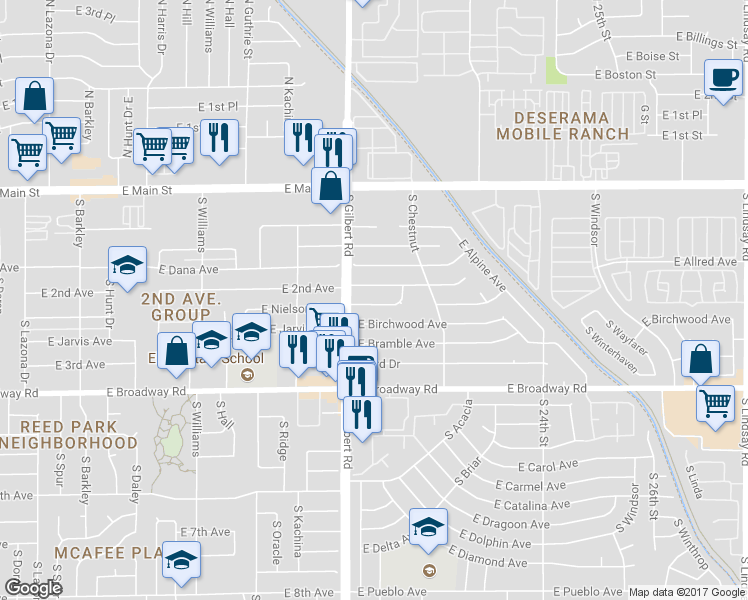 map of restaurants, bars, coffee shops, grocery stores, and more near 2023 East Bayberry Avenue in Mesa