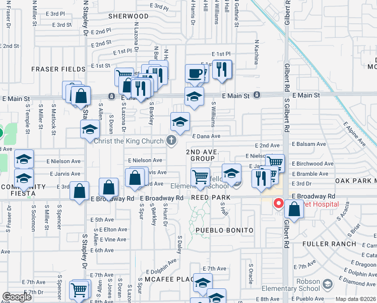 map of restaurants, bars, coffee shops, grocery stores, and more near 220 South Hill in Mesa