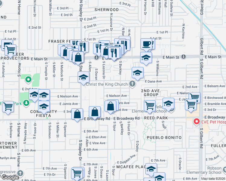 map of restaurants, bars, coffee shops, grocery stores, and more near 1404 East Nielson Avenue in Mesa