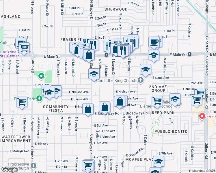 map of restaurants, bars, coffee shops, grocery stores, and more near 226 South Lazona Drive in Mesa