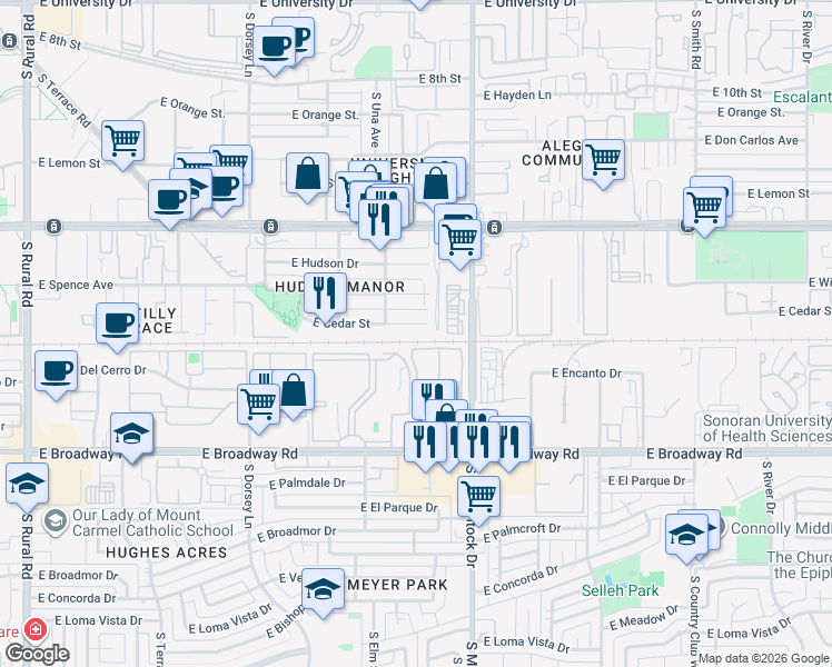 map of restaurants, bars, coffee shops, grocery stores, and more near 1611 East Cedar Street in Tempe