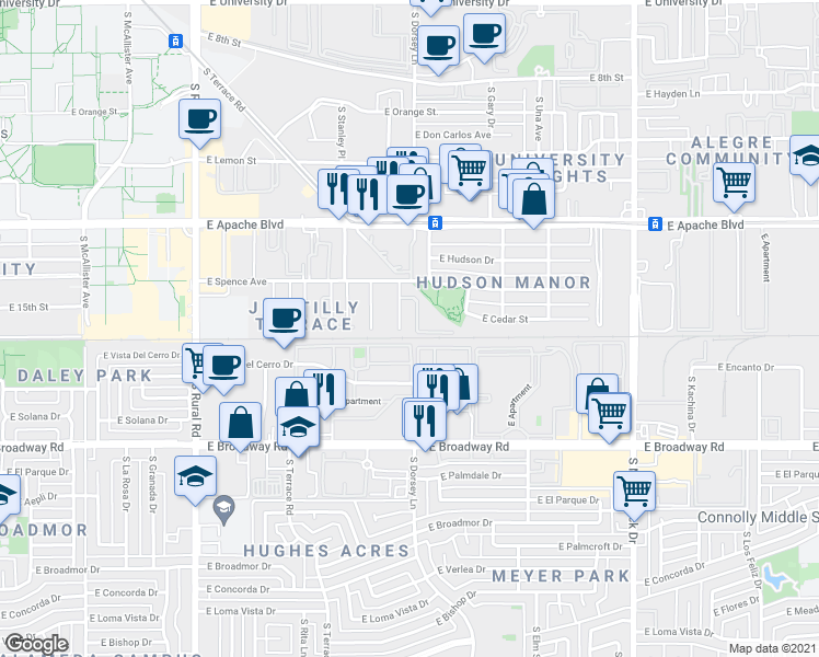 map of restaurants, bars, coffee shops, grocery stores, and more near 1445 South Kenneth Place in Tempe