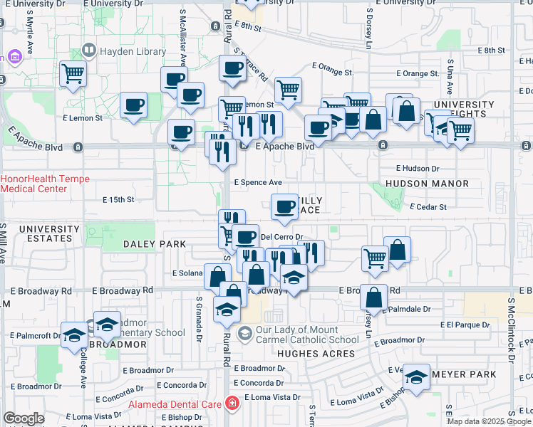 map of restaurants, bars, coffee shops, grocery stores, and more near 1474 South Jentilly Lane in Tempe