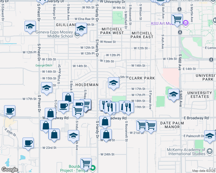 map of restaurants, bars, coffee shops, grocery stores, and more near 1702 South Marilyn Ann Drive in Tempe