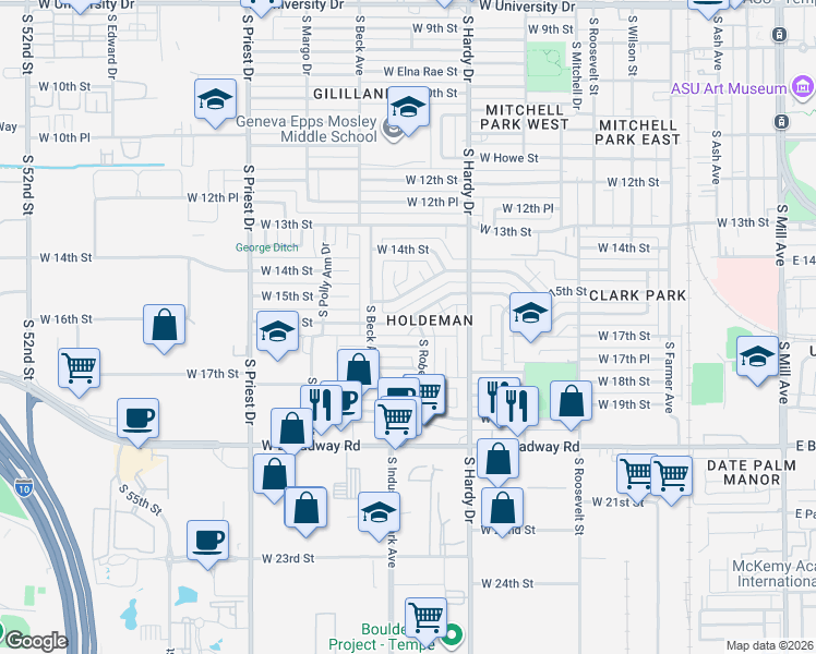 map of restaurants, bars, coffee shops, grocery stores, and more near 1002 West 17th Street in Tempe