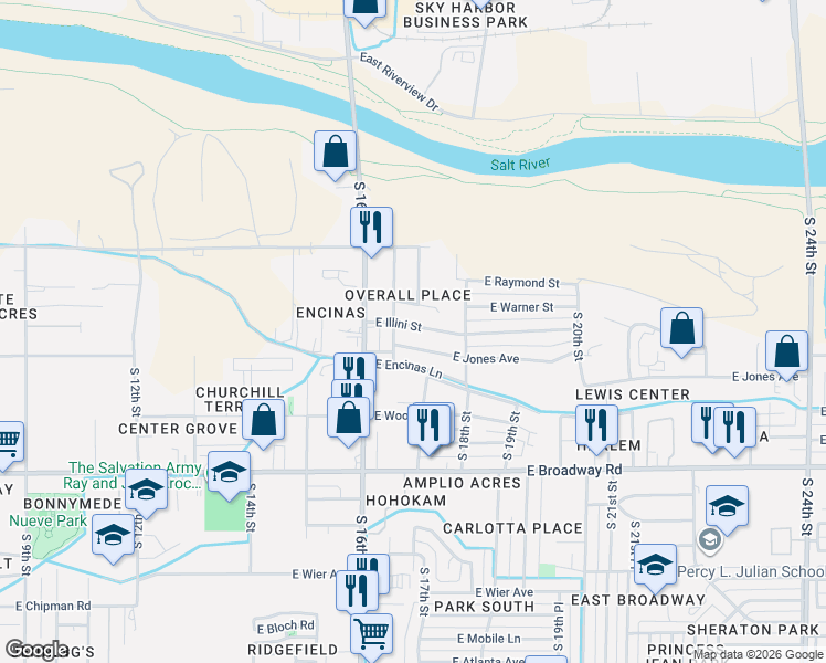 map of restaurants, bars, coffee shops, grocery stores, and more near 1634 East Jones Avenue in Phoenix