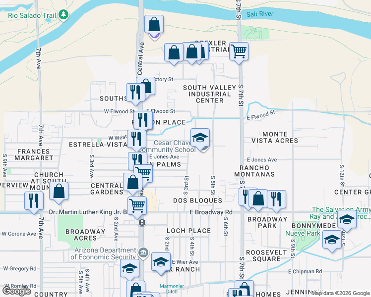 map of restaurants, bars, coffee shops, grocery stores, and more near 234 East Jones Avenue in Phoenix
