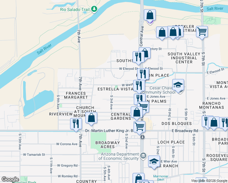 map of restaurants, bars, coffee shops, grocery stores, and more near 136 West Jones Avenue in Phoenix
