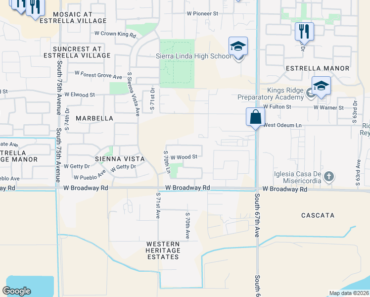 map of restaurants, bars, coffee shops, grocery stores, and more near 6930 West Wood Street in Phoenix