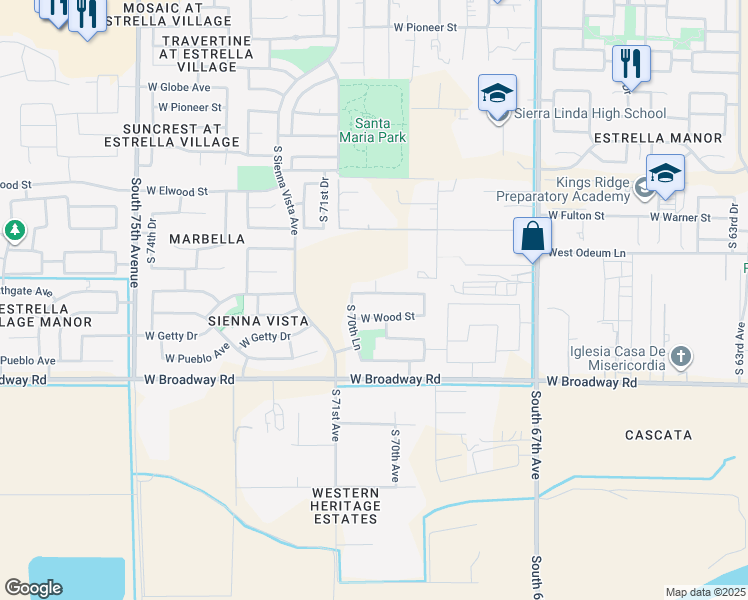 map of restaurants, bars, coffee shops, grocery stores, and more near 6930 West Wood Street in Phoenix