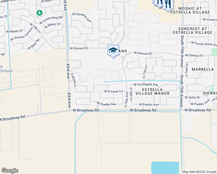 map of restaurants, bars, coffee shops, grocery stores, and more near 7938 West Encinas Lane in Phoenix