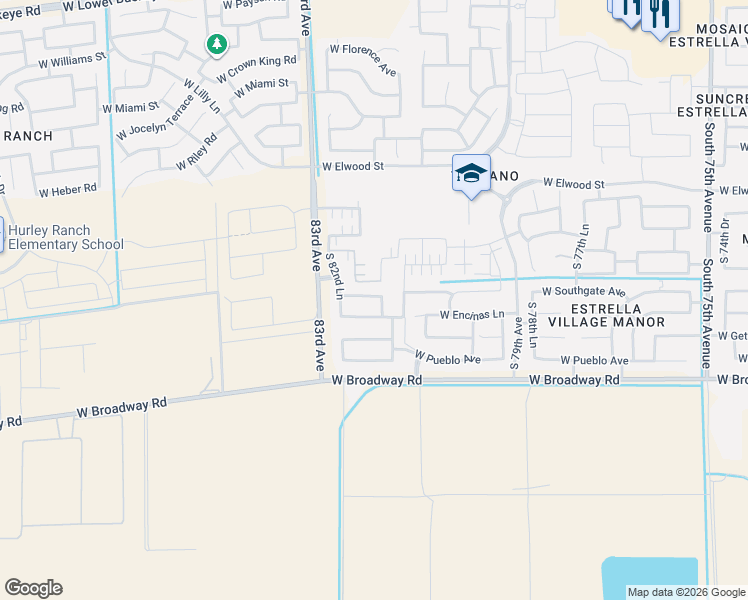 map of restaurants, bars, coffee shops, grocery stores, and more near 8204 West Encinas Lane in Phoenix