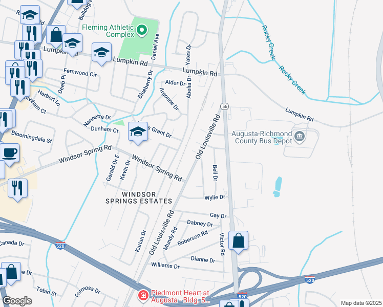map of restaurants, bars, coffee shops, grocery stores, and more near 3103 Old Louisville Road in Augusta