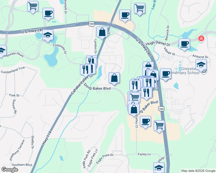 map of restaurants, bars, coffee shops, grocery stores, and more near 1217 Hunters Gate Drive in Birmingham