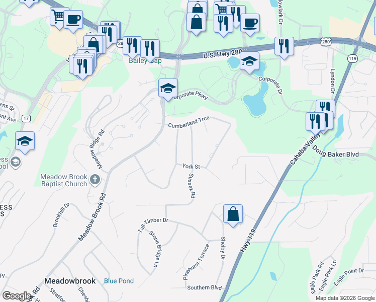 map of restaurants, bars, coffee shops, grocery stores, and more near 4916 Sussex Road in Birmingham