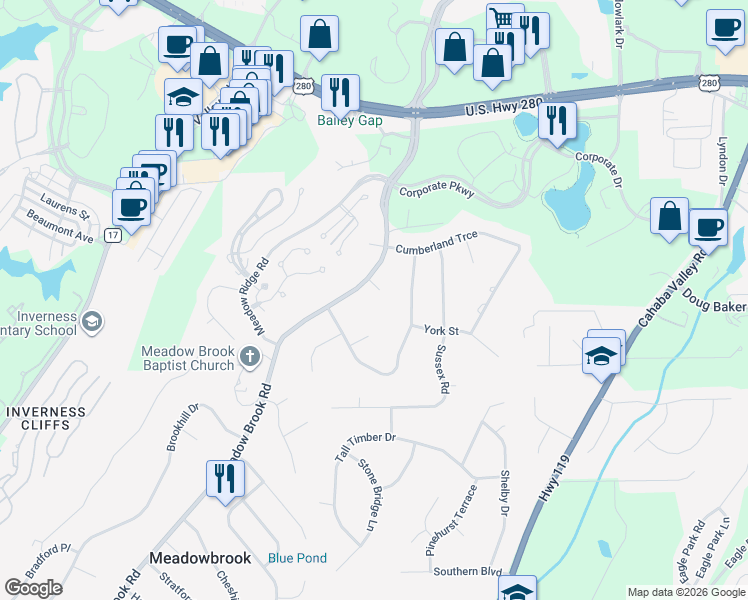 map of restaurants, bars, coffee shops, grocery stores, and more near 4951 Meadow Brook Road in Birmingham