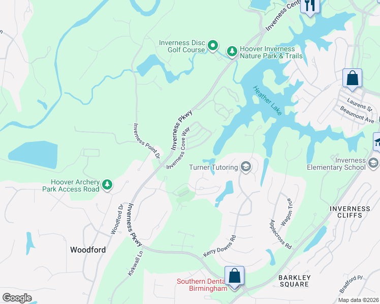 map of restaurants, bars, coffee shops, grocery stores, and more near 1380 Inverness Cove Drive in Birmingham