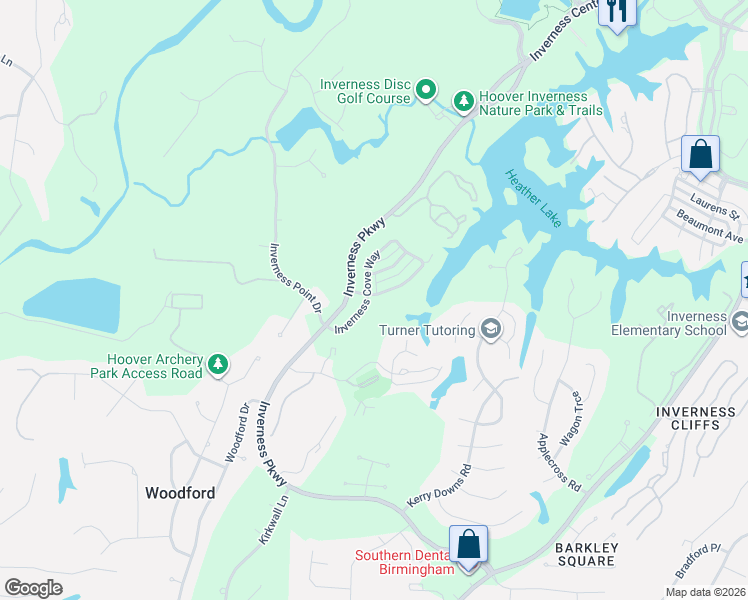 map of restaurants, bars, coffee shops, grocery stores, and more near 1380 Inverness Cove Drive in Birmingham