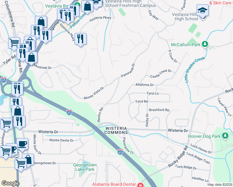 map of restaurants, bars, coffee shops, grocery stores, and more near 3118 Renfro Road in Vestavia Hills