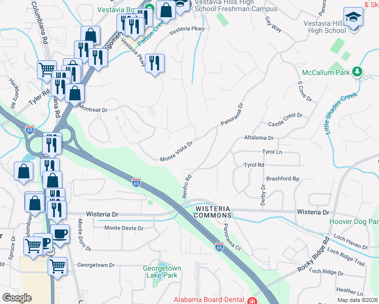 map of restaurants, bars, coffee shops, grocery stores, and more near 2441 Monte Vista Drive in Vestavia Hills