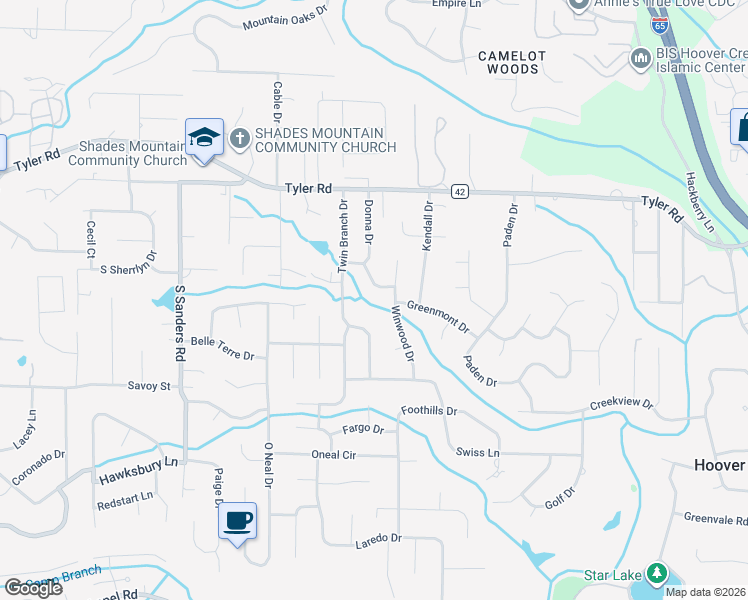 map of restaurants, bars, coffee shops, grocery stores, and more near 626 Winwood Drive in Vestavia Hills