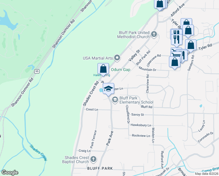 map of restaurants, bars, coffee shops, grocery stores, and more near 577 Park Avenue in Birmingham