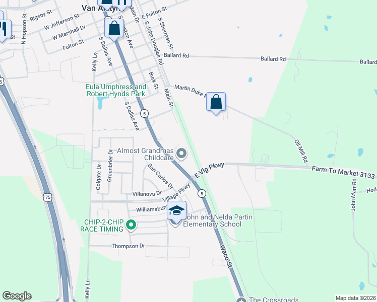 map of restaurants, bars, coffee shops, grocery stores, and more near 249 Cobb Street in Van Alstyne