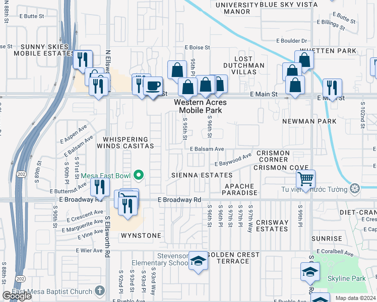 map of restaurants, bars, coffee shops, grocery stores, and more near 9516 East Baywood Avenue in Mesa