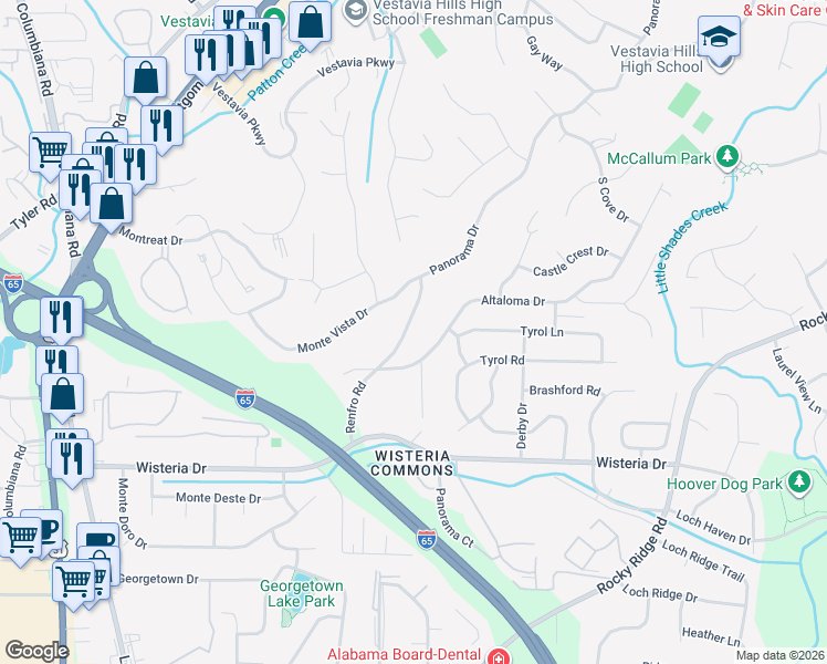map of restaurants, bars, coffee shops, grocery stores, and more near 3118 Renfro Road in Vestavia Hills