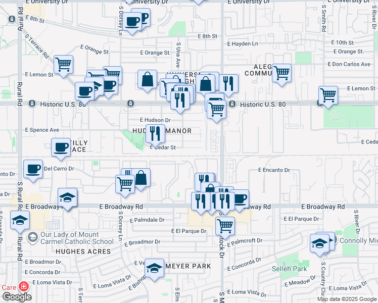 map of restaurants, bars, coffee shops, grocery stores, and more near 1611 East Cedar Street in Tempe