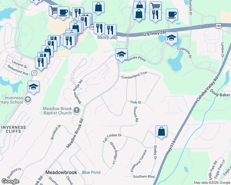map of restaurants, bars, coffee shops, grocery stores, and more near 4951 Meadow Brook Road in Birmingham